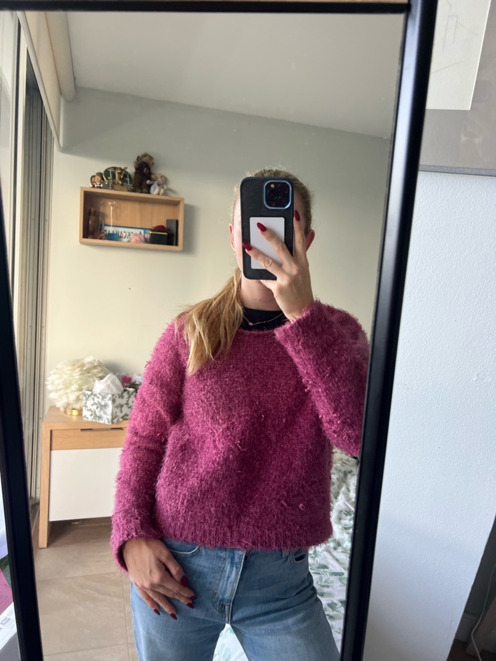 Fuzzy Crewneck Sweater in Berry